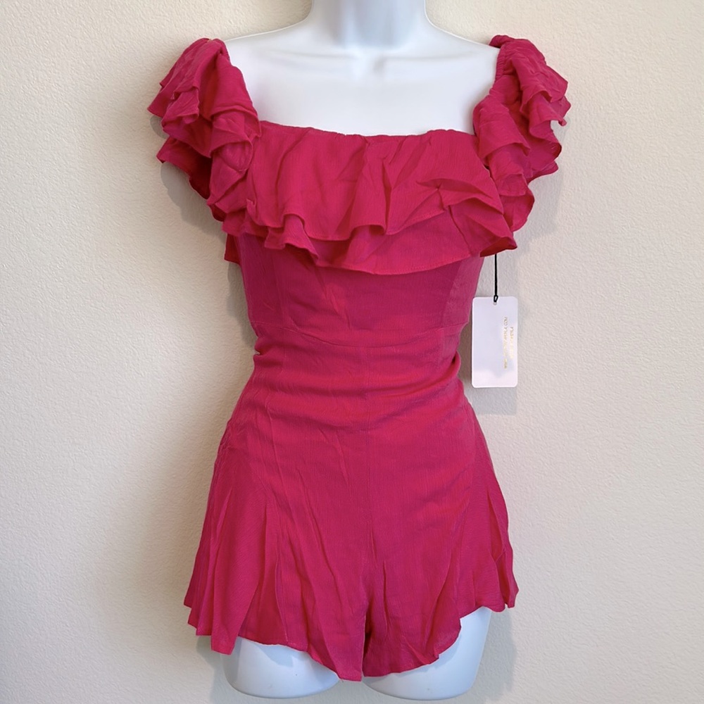 Cotton Candy Off-Shoulder Ruffle Romper in Hot Pink - Picture 2 of 6